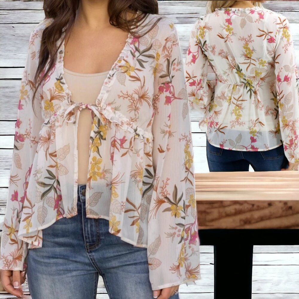 NWT GRACE & LACE ( XS ) Whimsical Ivory Floral Tie Front Blouse